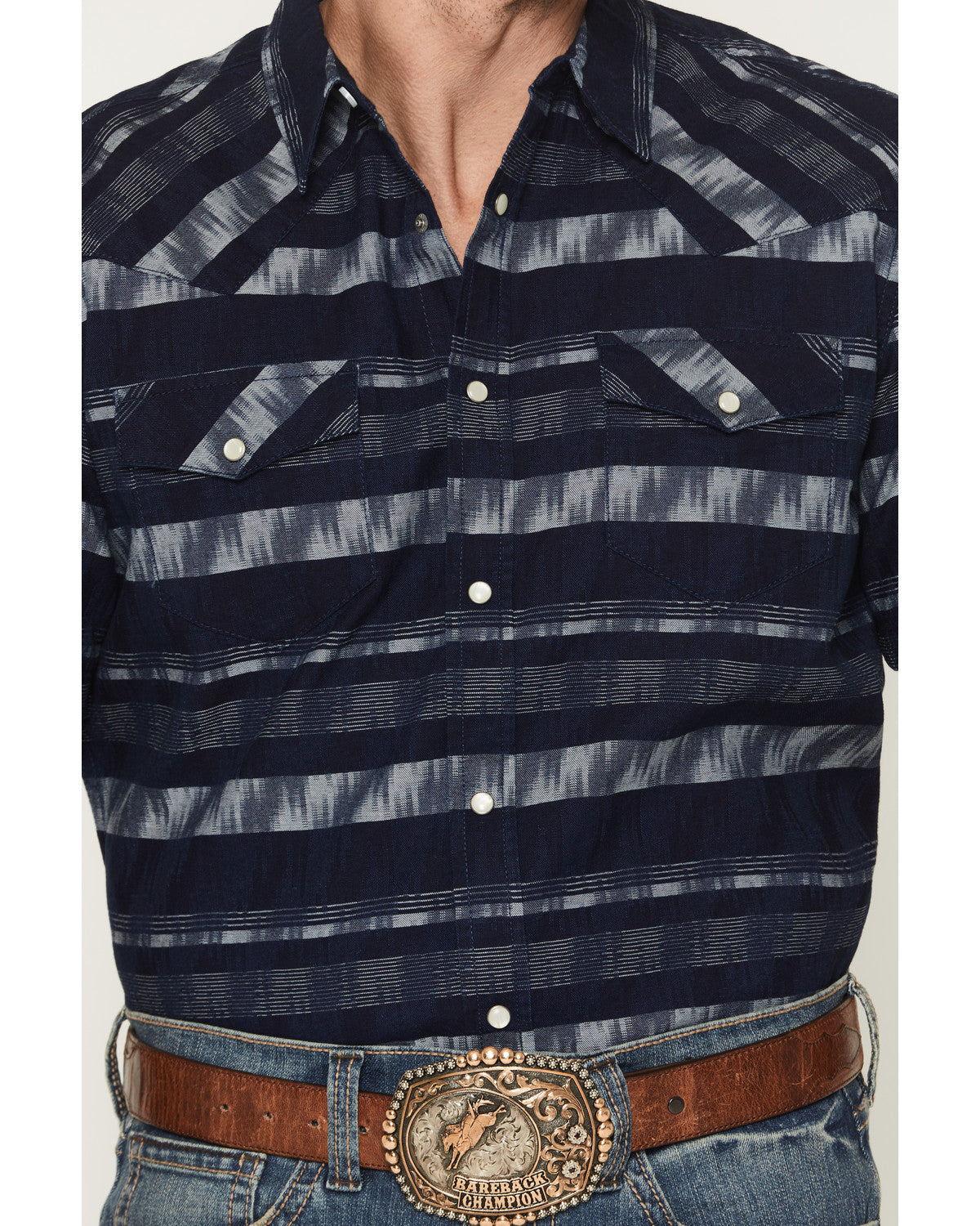 Men's Ikat Striped Short Sleeve Pearl Snap Western Shirt Indigo