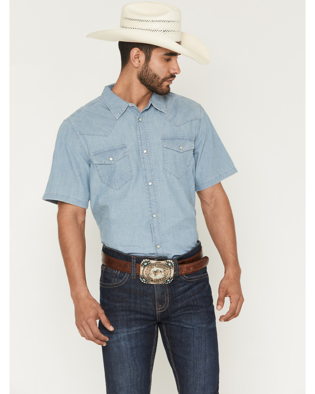 Men's Horizon Chambray Light Wash Short Sleeve Snap Western Light Wash