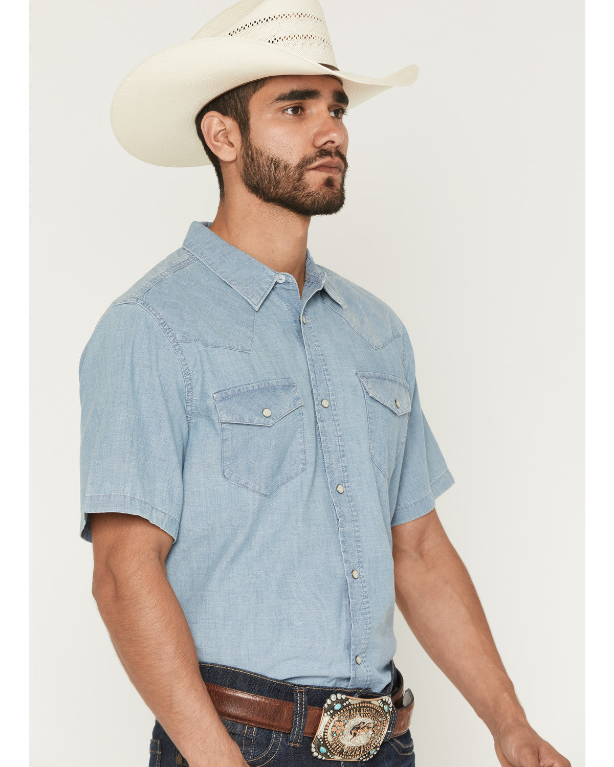 Men's Horizon Chambray Light Wash Short Sleeve Snap Western Light Wash