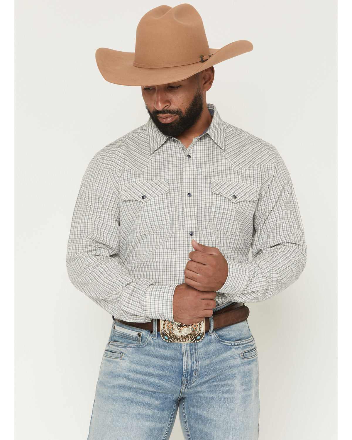 Men's Carson Plaid Print Long Sleeve Snap Western Shirt White
