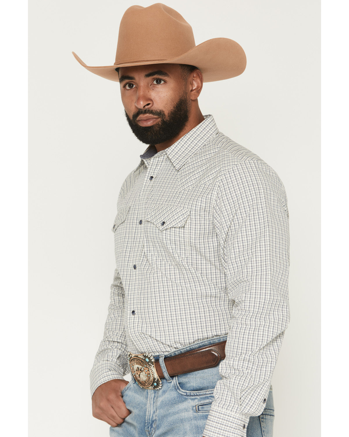 Men's Carson Plaid Print Long Sleeve Snap Western Shirt White