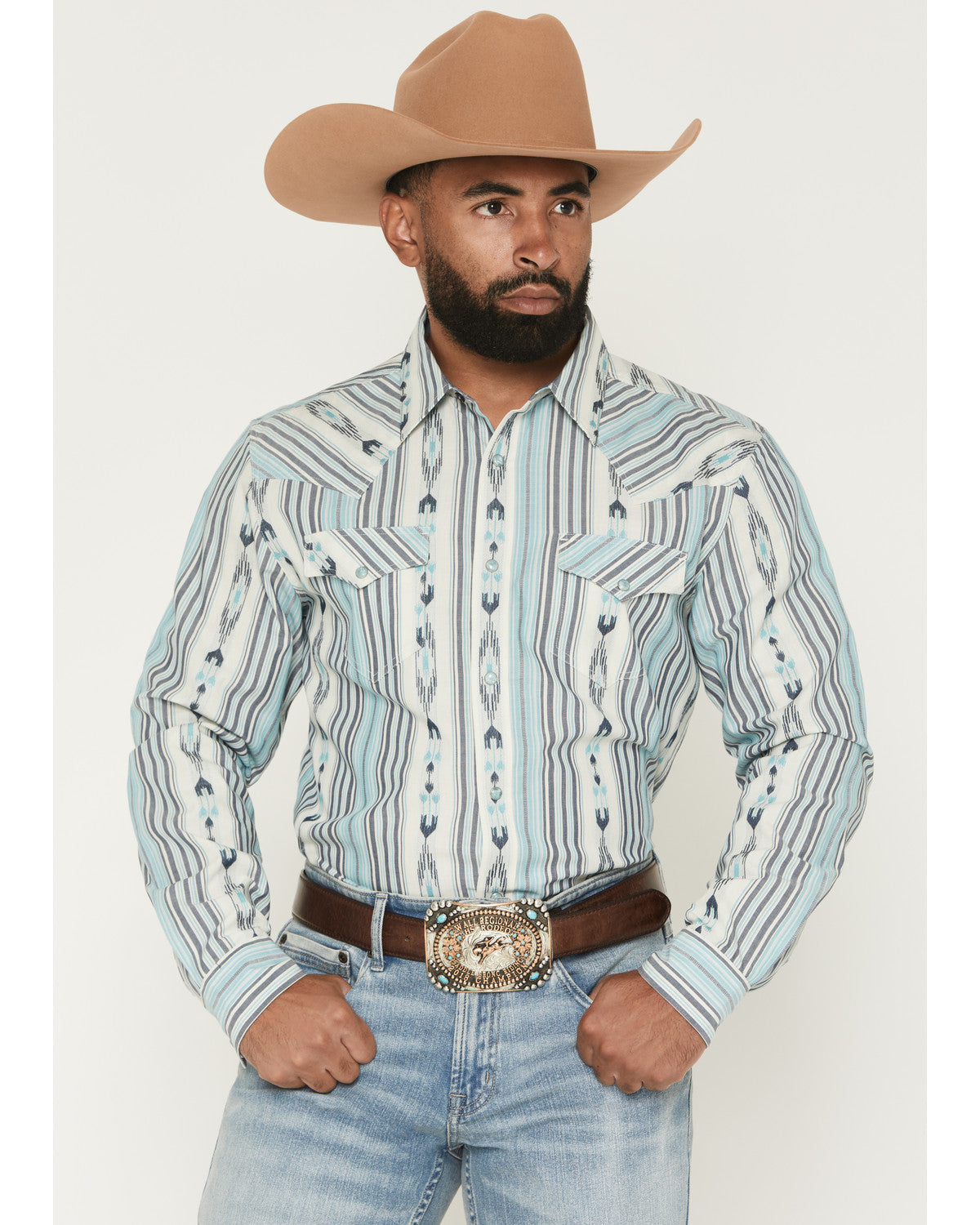 Men's Heath Southwestern Striped Long Sleeve Snap Stretch W Blue