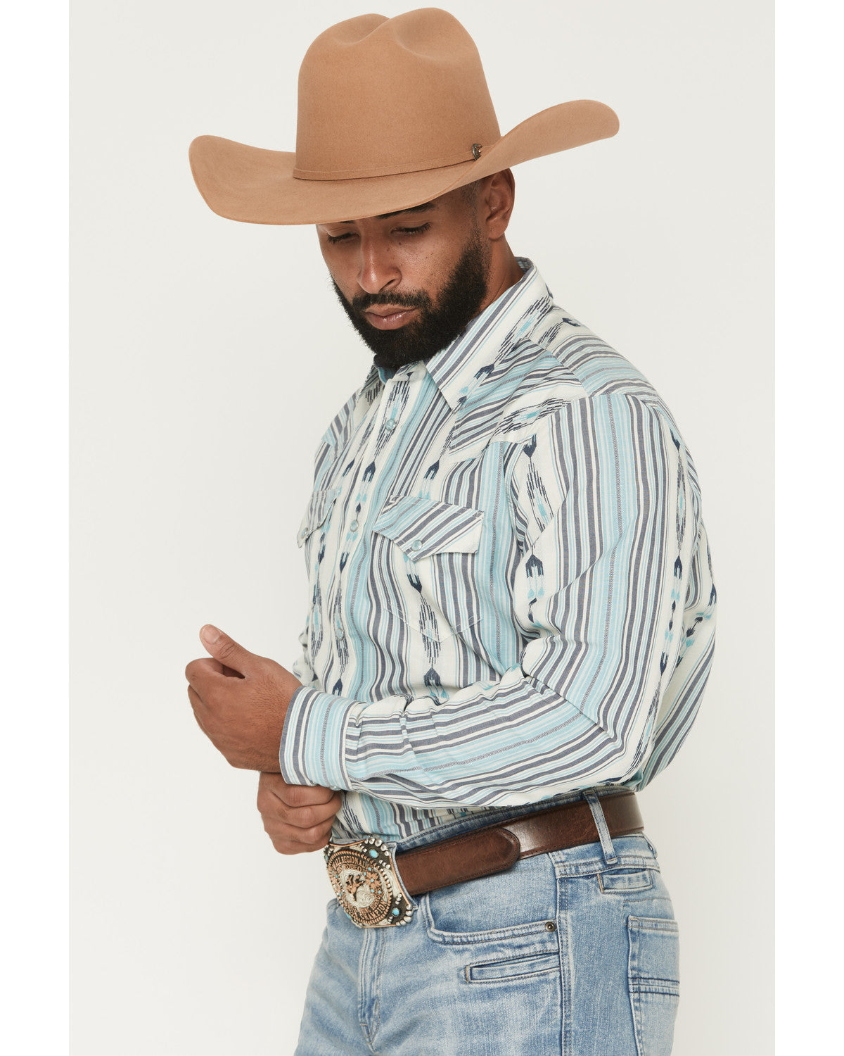 Men's Heath Southwestern Striped Long Sleeve Snap Stretch W Blue