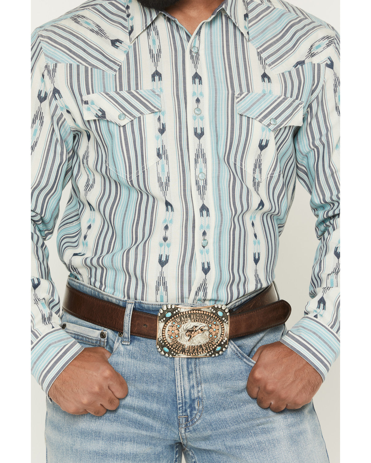 Men's Heath Southwestern Striped Long Sleeve Snap Stretch W Blue