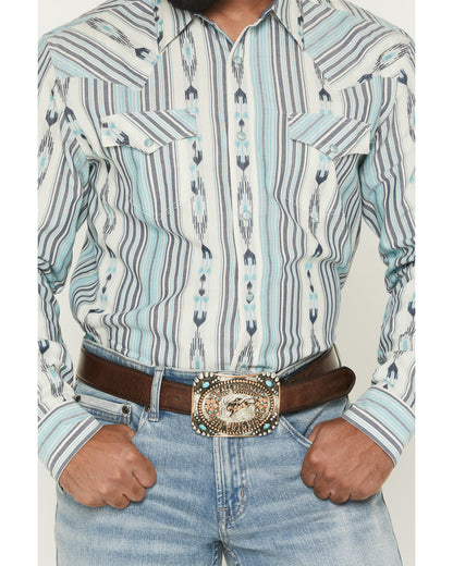 Men's Heath Southwestern Striped Long Sleeve Snap Stretch W Blue