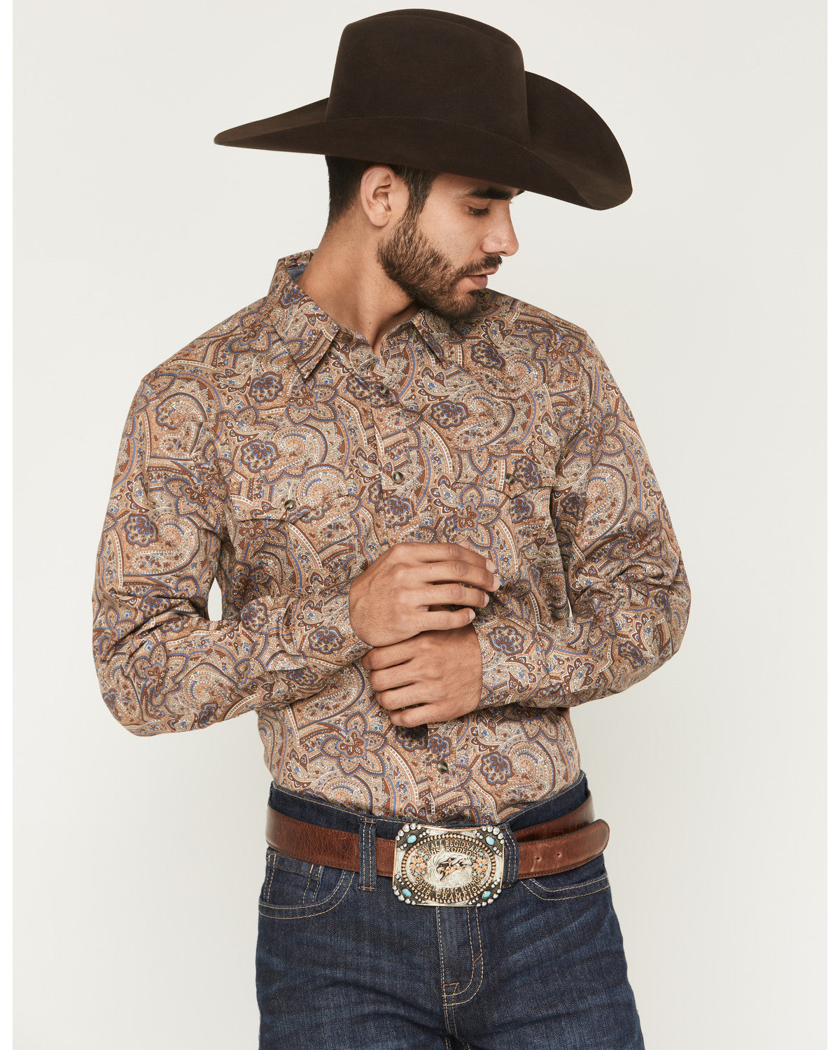 Men's Jensen Paisley Print Long Sleeve Snap Western Shirt Brown