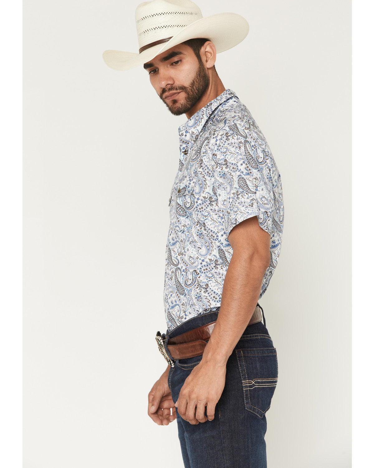 Men's Ryder Paisley Print Short Sleeve Snap Western Shirt Cream