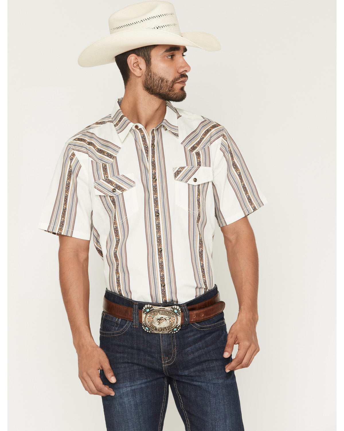 Men's Atticus Stripe Print Short Sleeve Snap Western Shirt White