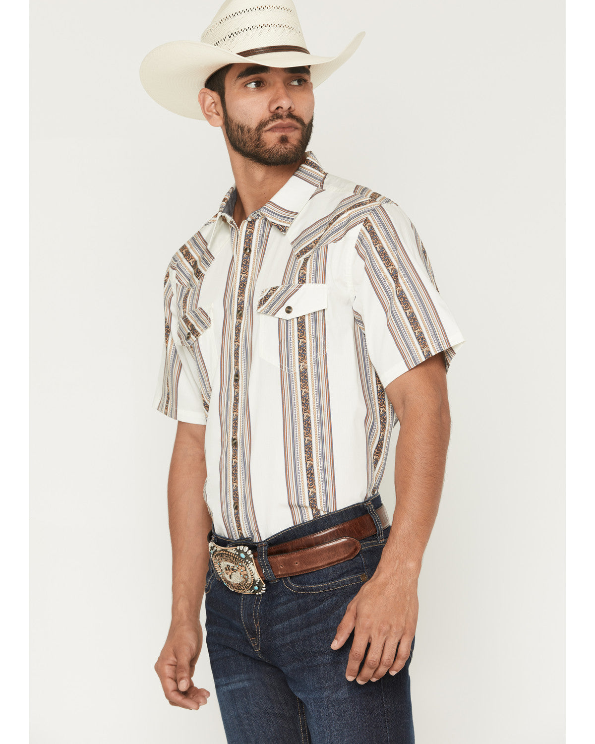 Men's Atticus Stripe Print Short Sleeve Snap Western Shirt White