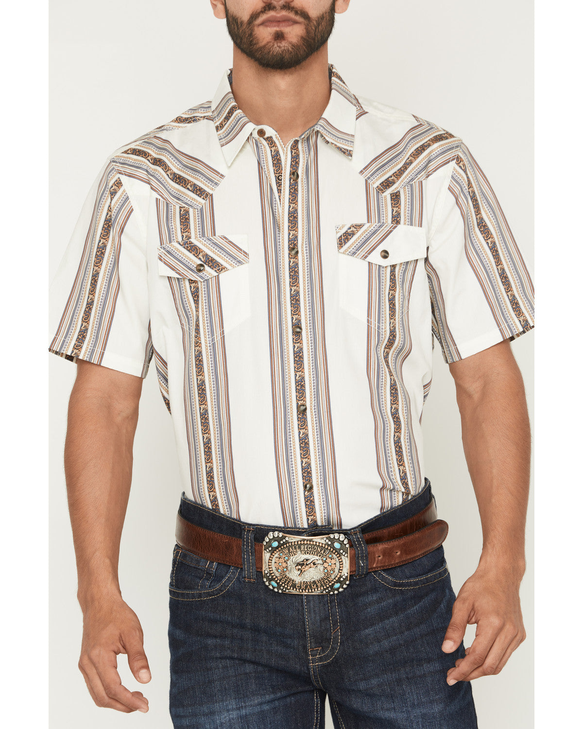 Men's Atticus Stripe Print Short Sleeve Snap Western Shirt White