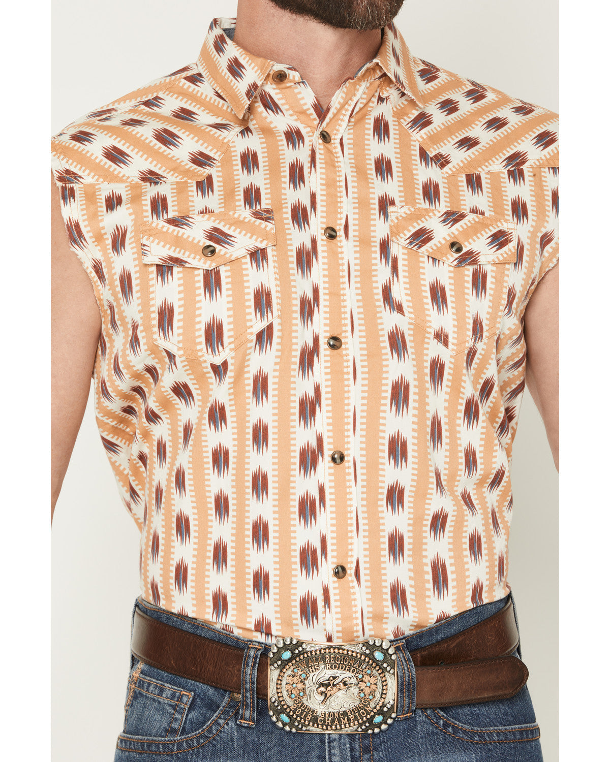 Men's Saint Southwestern Stripe Print Sleeveless Snap Weste Ivory