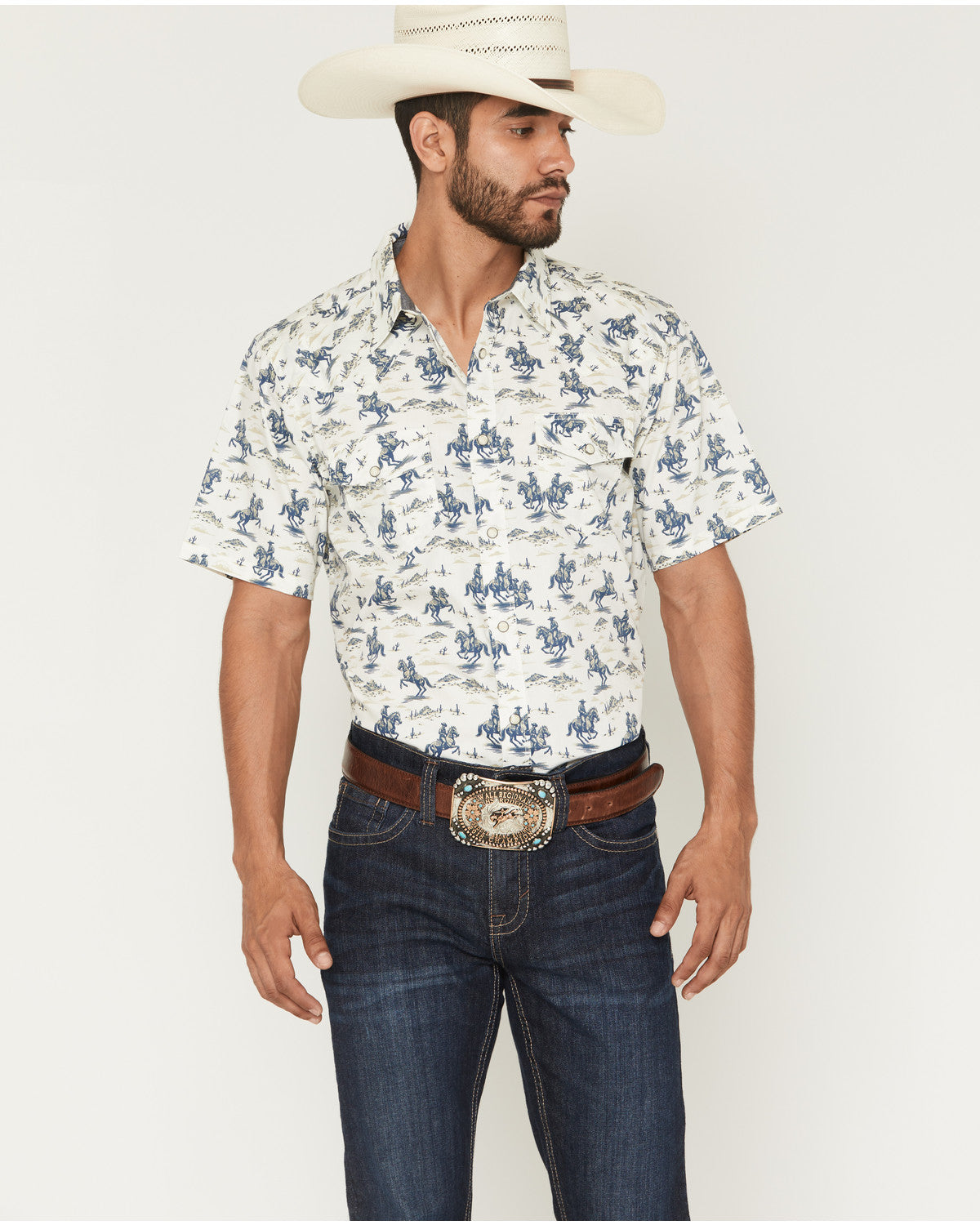 Men's Amos BBQ Western Print Short Sleeve Snap Western Shir Blue