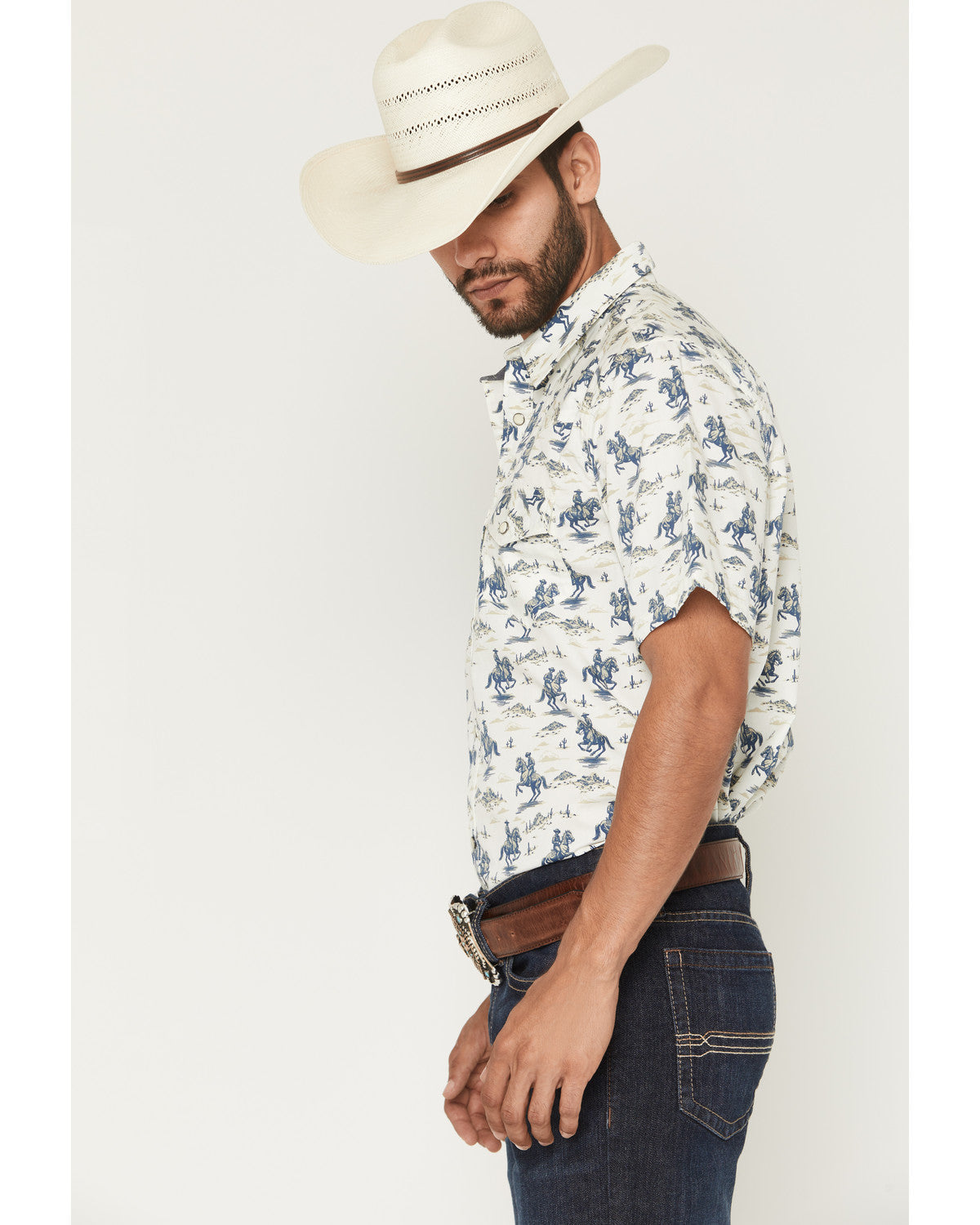 Men's Amos BBQ Western Print Short Sleeve Snap Western Shir Blue