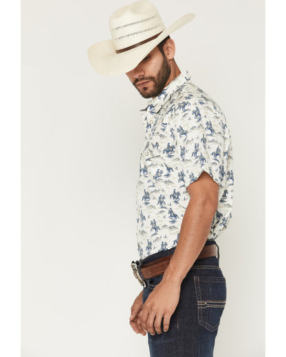 Men's Amos BBQ Western Print Short Sleeve Snap Western Shir Blue