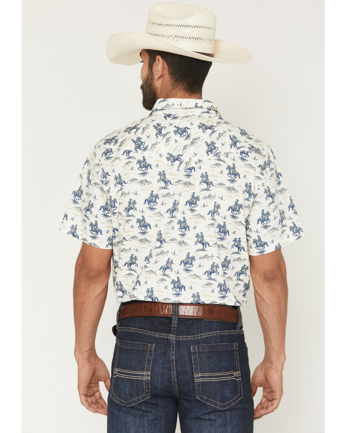 Men's Amos BBQ Western Print Short Sleeve Snap Western Shir Blue