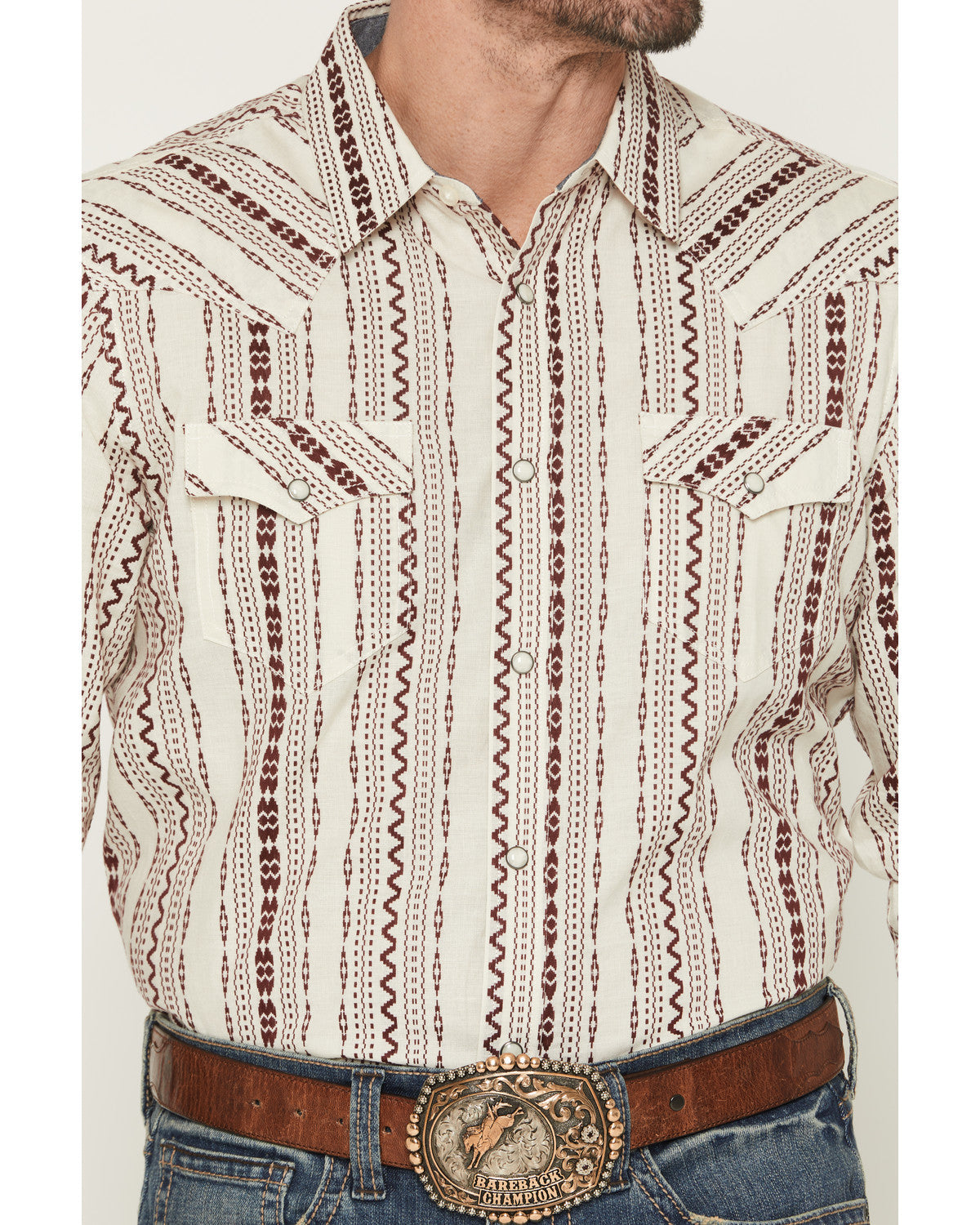 Men's Warhunt Dobby Striped Long Sleeve Snap Western Shirt Ivory
