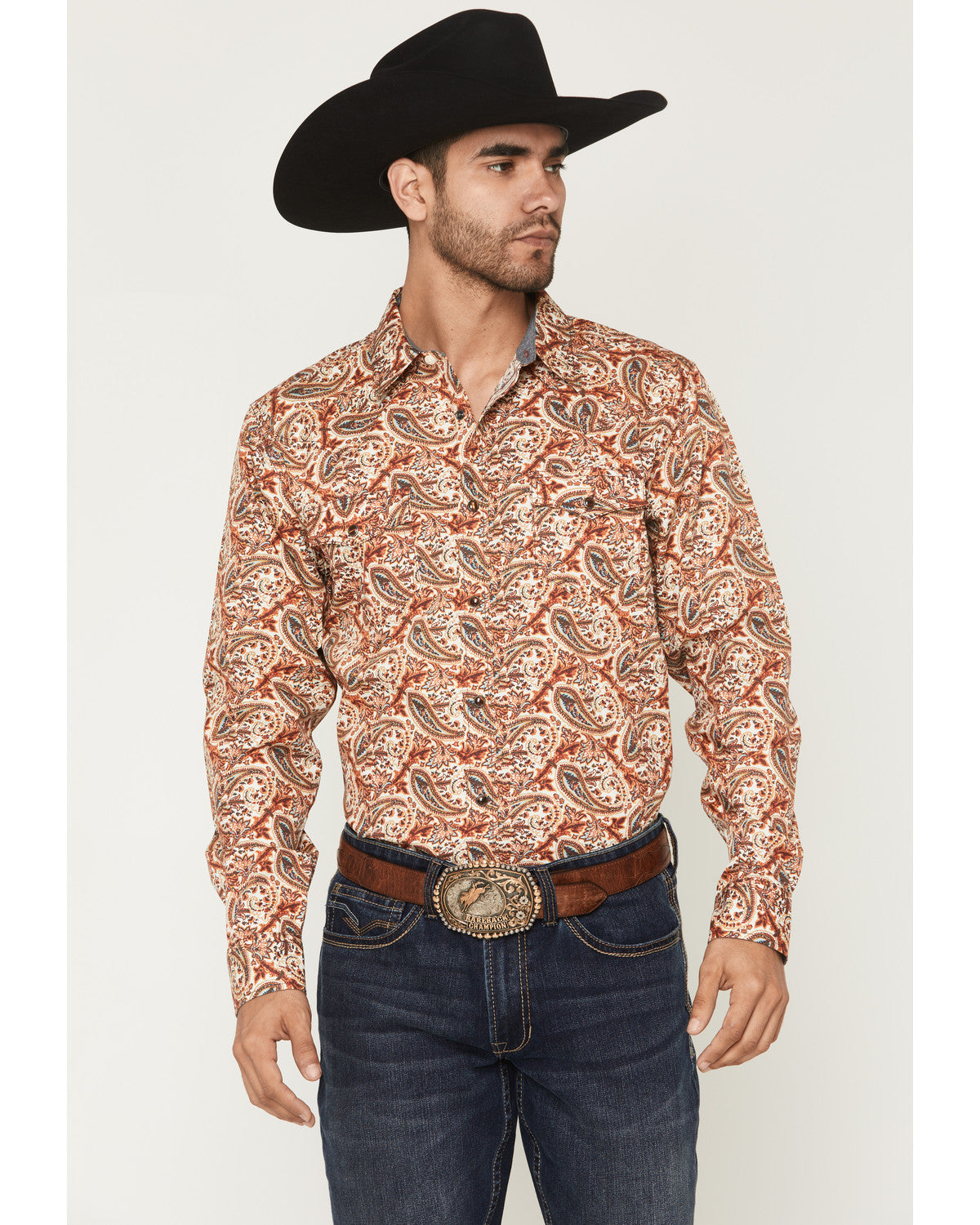 Men's Cowboy Boogie Paisley Print Long Sleeve Snap Western Red