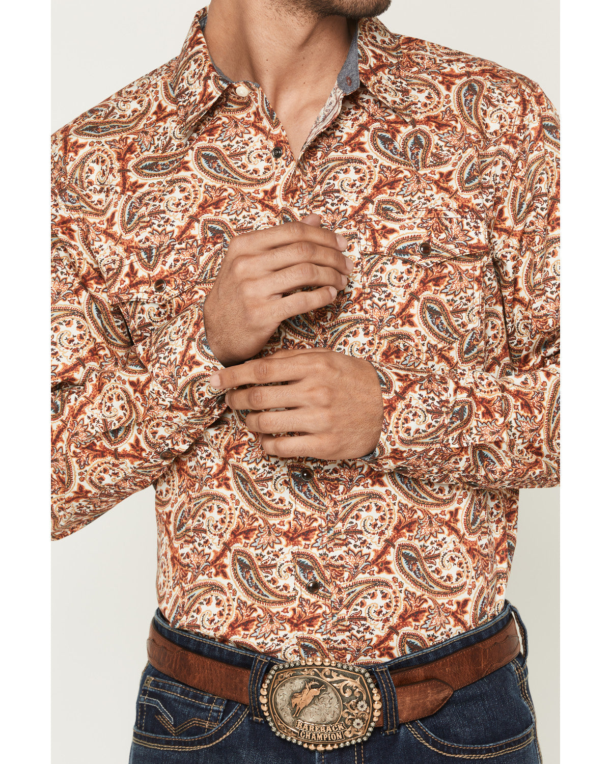 Men's Cowboy Boogie Paisley Print Long Sleeve Snap Western Red