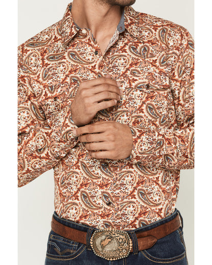 Men's Cowboy Boogie Paisley Print Long Sleeve Snap Western Red