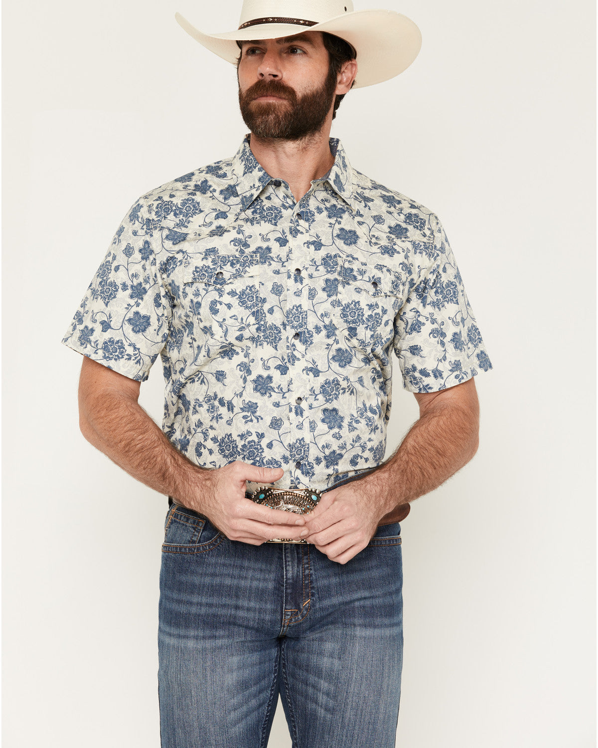 Men's Botanical Floral Print Short Sleeve Snap Western Shir Off White