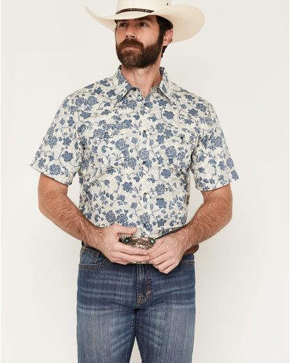 Men's Botanical Floral Print Short Sleeve Snap Western Shir Off White