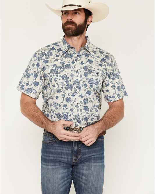 Men's Botanical Floral Print Short Sleeve Snap Western Shir Off White