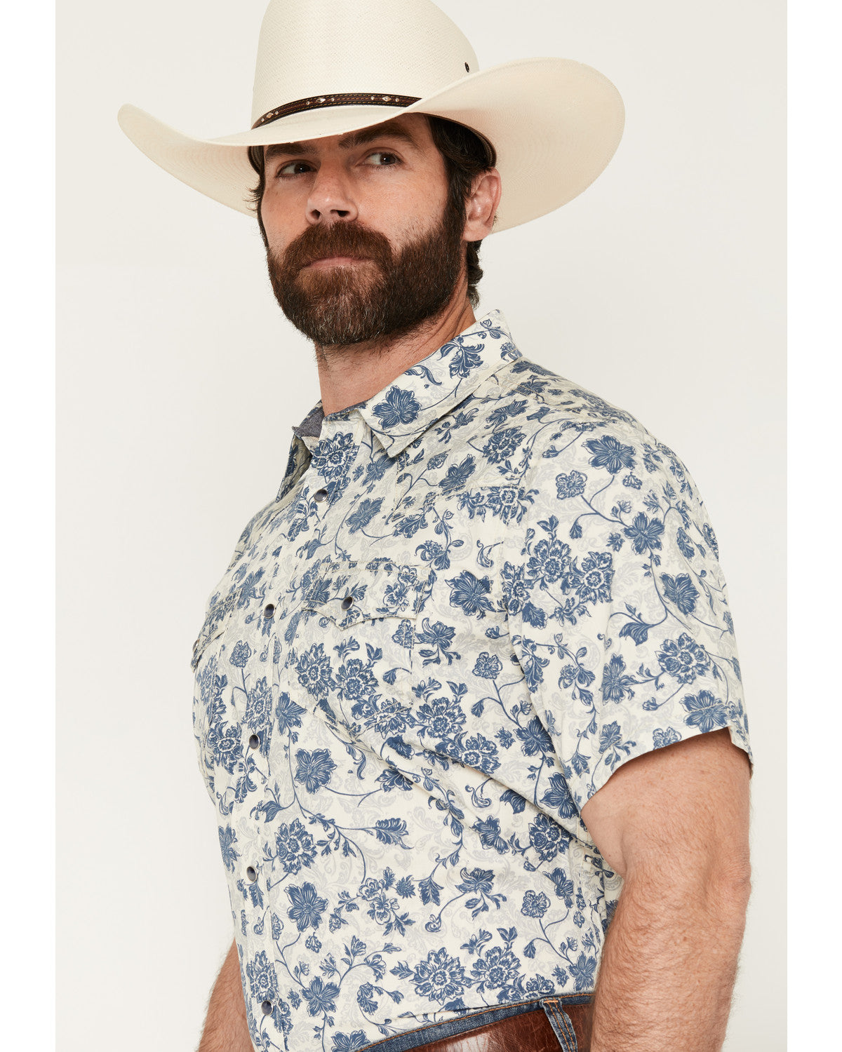 Men's Botanical Floral Print Short Sleeve Snap Western Shir Off White