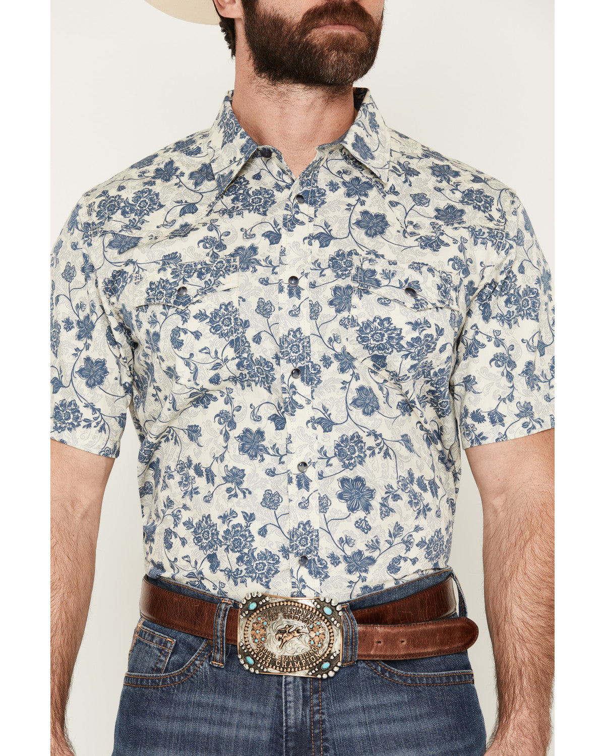 Men's Botanical Floral Print Short Sleeve Snap Western Shir Off White