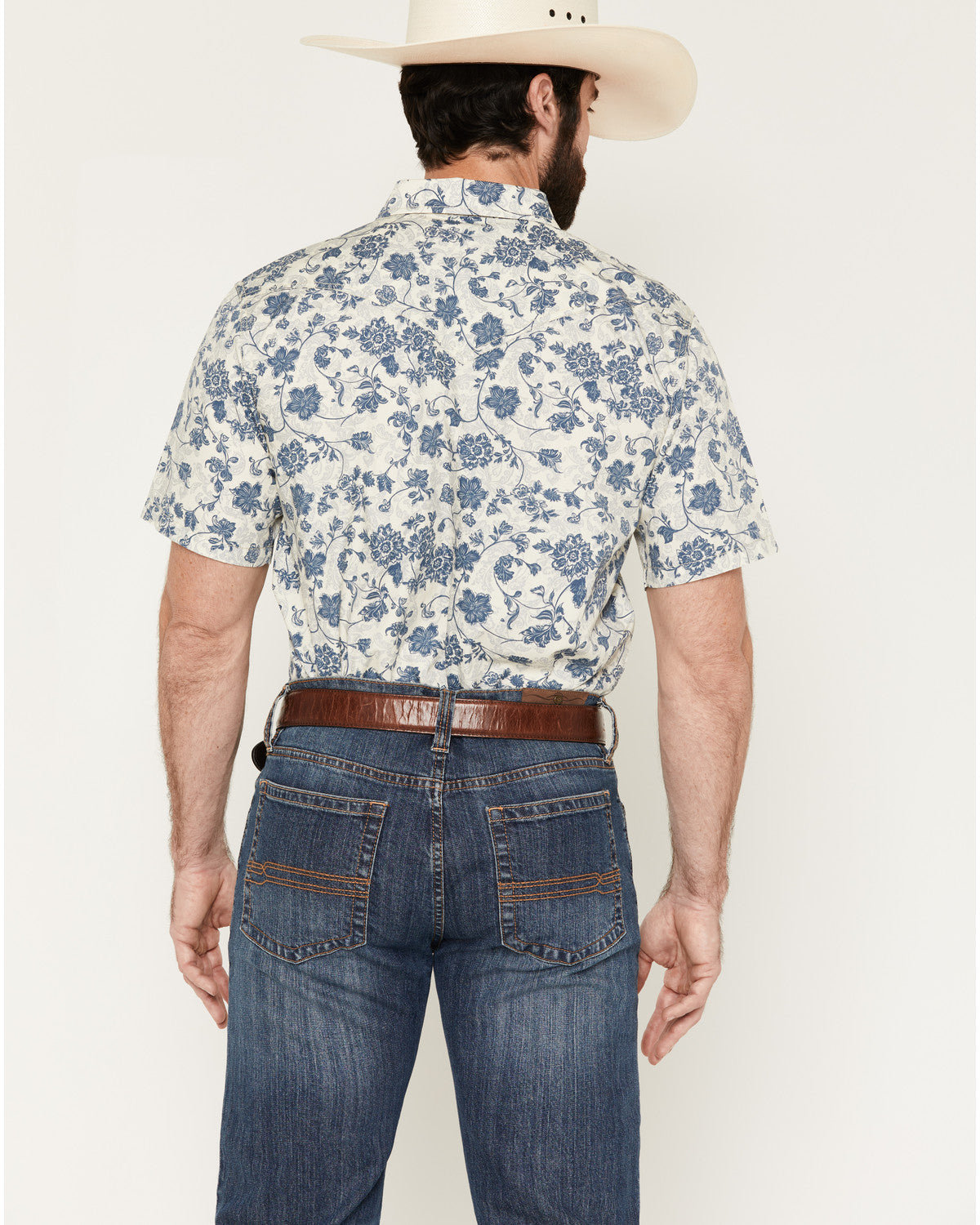 Men's Botanical Floral Print Short Sleeve Snap Western Shir Off White