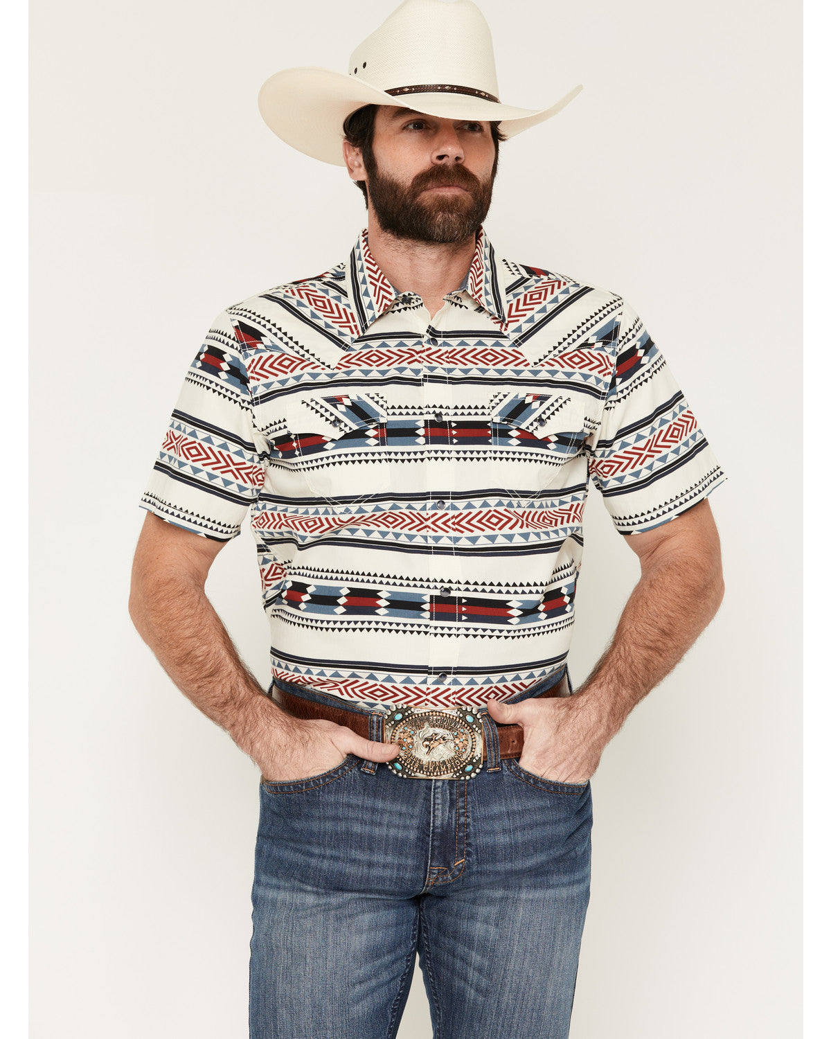 Indian Summer Southwestern Print Short Sleeve Snap Western Ivory