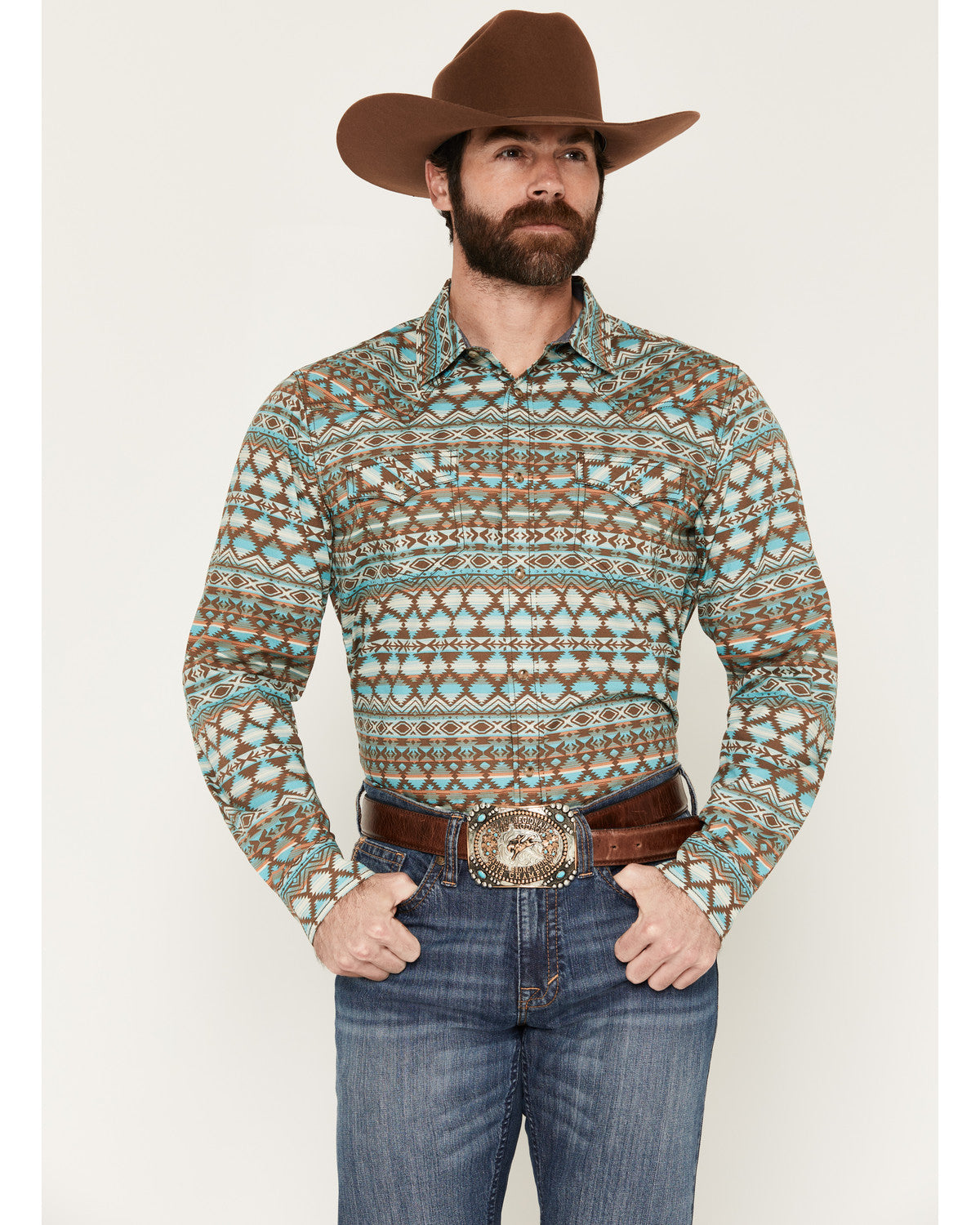 Men's Woodward Southwestern Long Sleeve Snap Western Shirt Brown