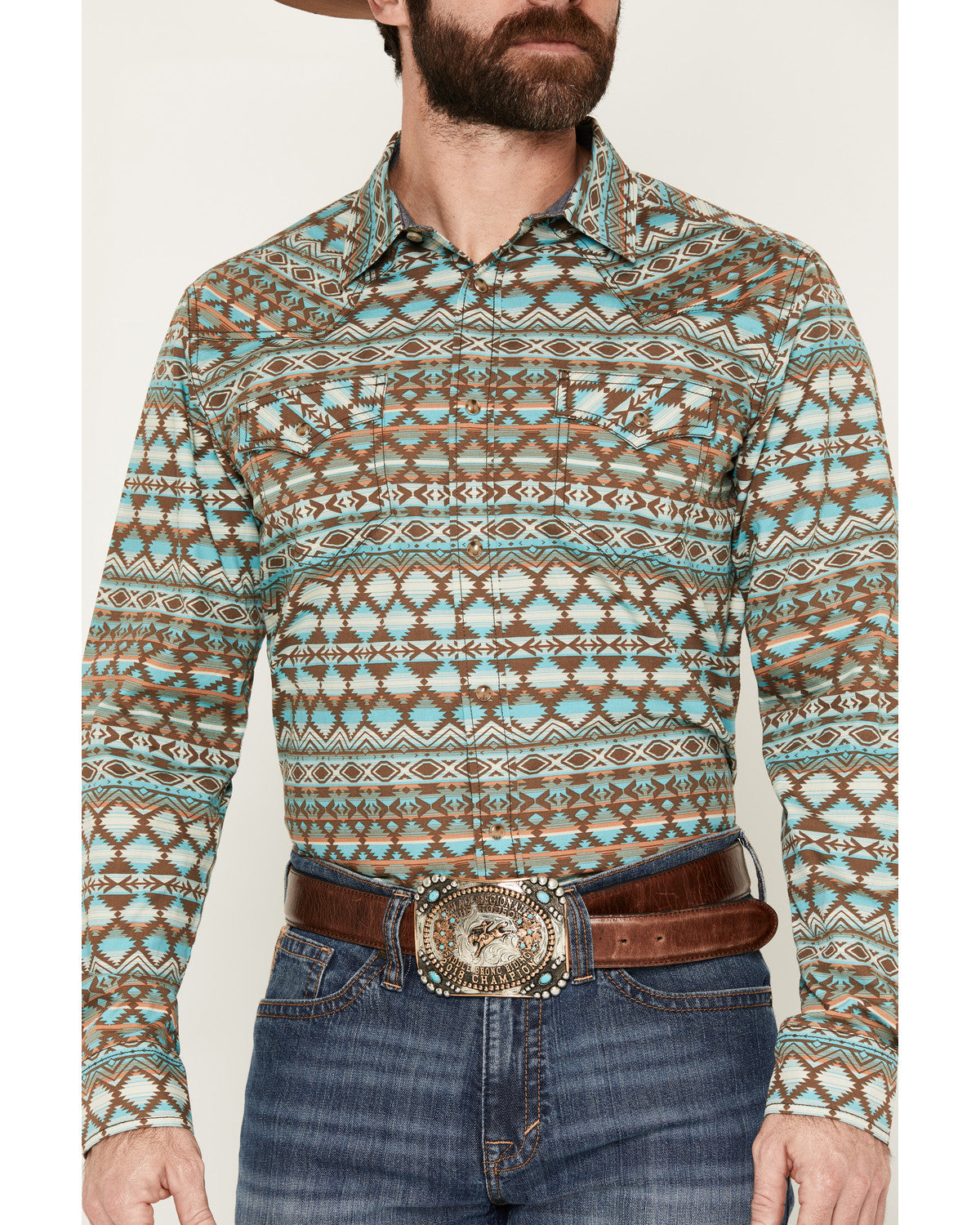 Men's Woodward Southwestern Long Sleeve Snap Western Shirt Brown