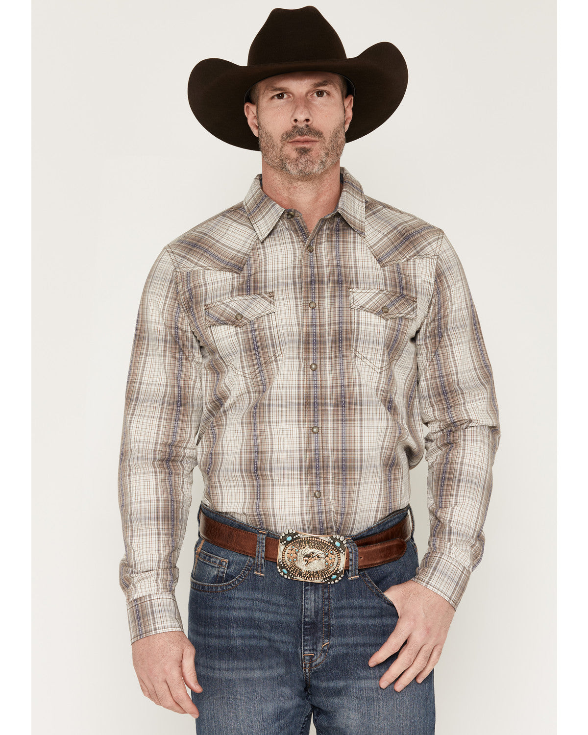 Men's Legend Dobby Plaid Print Long Sleeve Snap Western Shi Brown