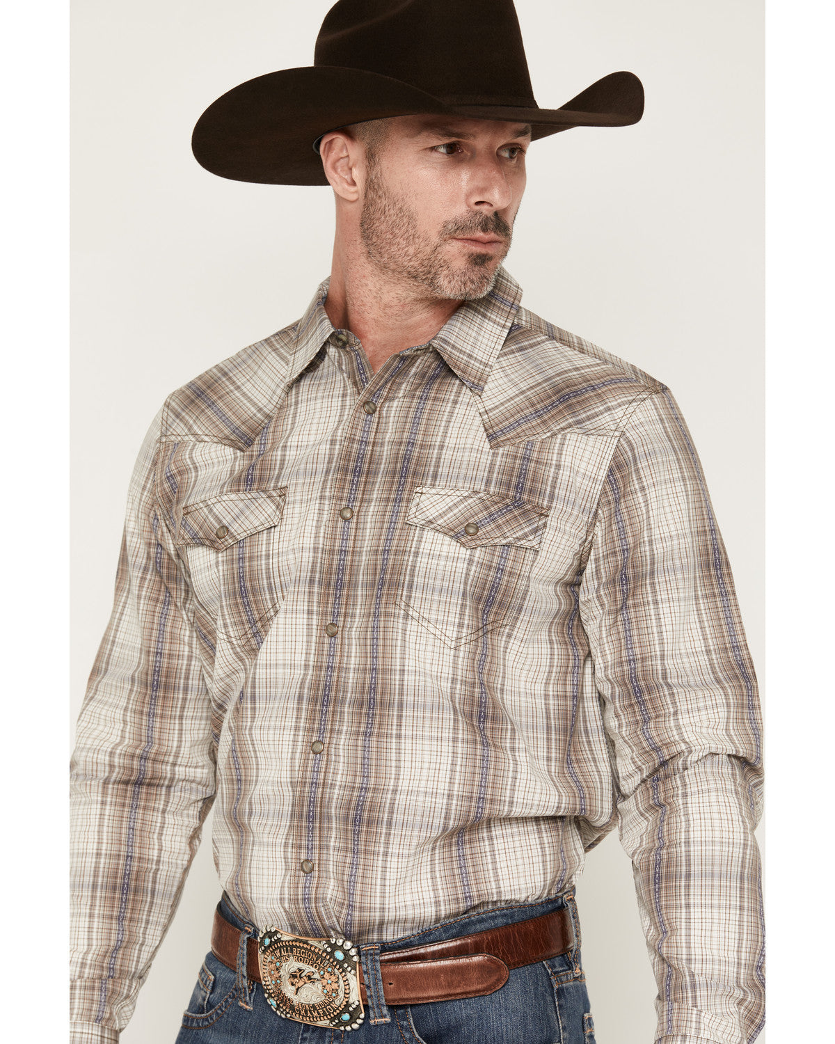 Men's Legend Dobby Plaid Print Long Sleeve Snap Western Shi Brown