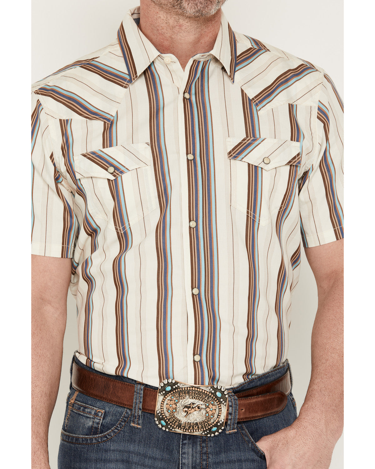Men's Bootcutger Stripe Print Short Sleeve Snap Western Shi Cream