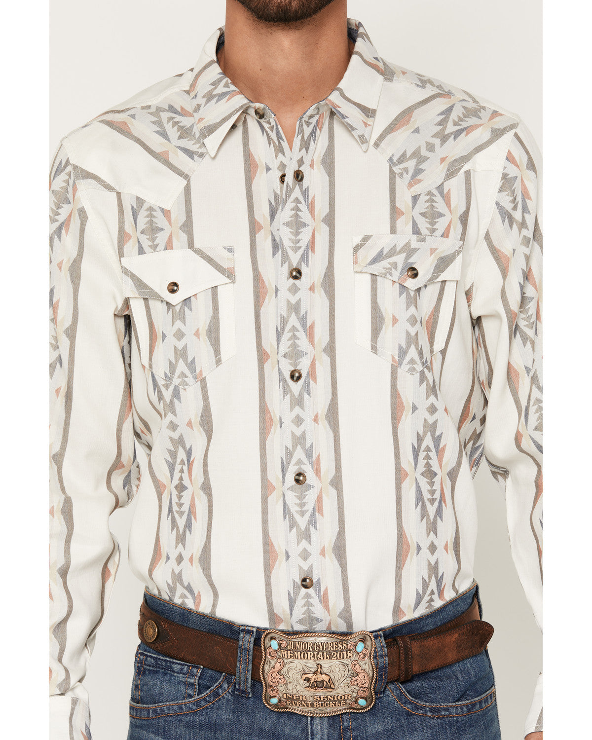 Men's Cowboy Boogie Southwestern Stripe Print Long Sleeve S Ivory