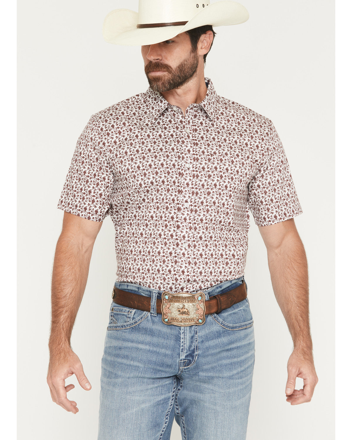 Men's Neon Moon Floral Print Short Sleeve Button-Down Stret Burgundy