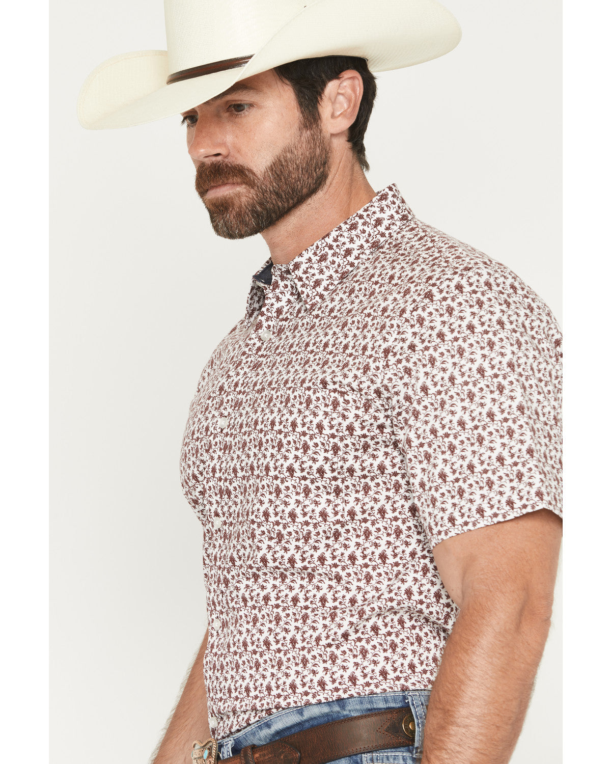 Men's Neon Moon Floral Print Short Sleeve Button-Down Stret Burgundy