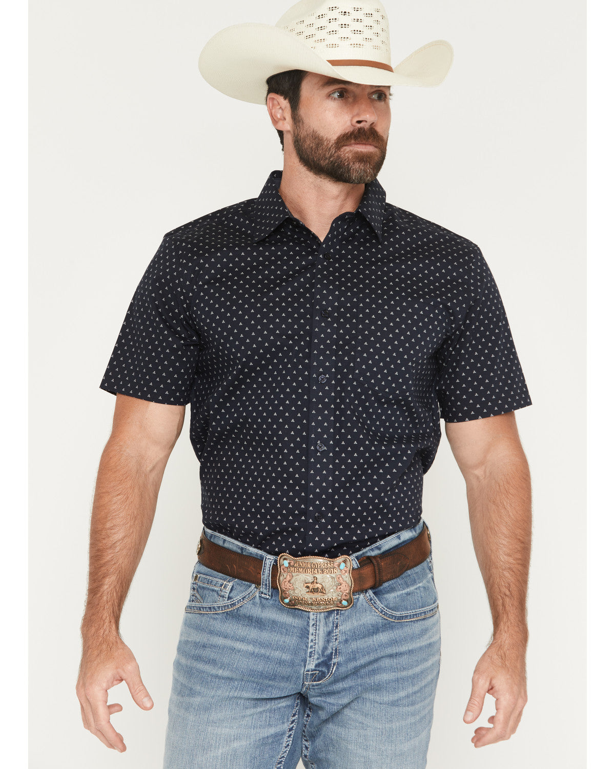 Men's Barrel Rider Geo Print Short Sleeve Button-Down Stret Navy