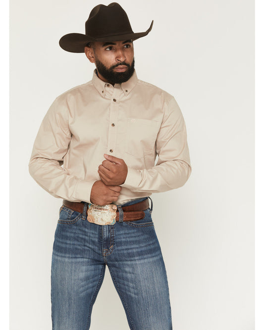 Men's Basic Solid Long Sleeve Button-Down Stretch Western S Tan