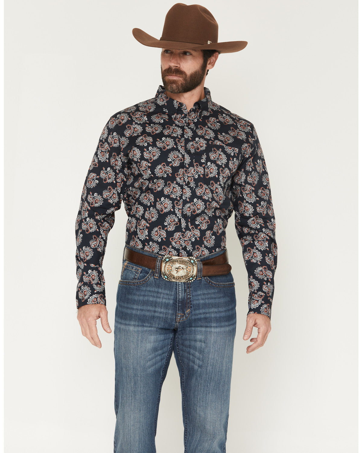 Men's Truett Paisley Print Long Sleeve Button-Down Western Black