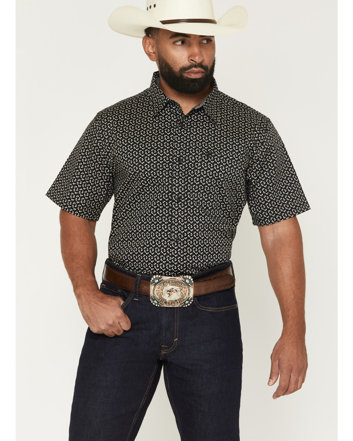 Men's Shiloh Micro Floral Print Short Sleeve Button-Down St Black
