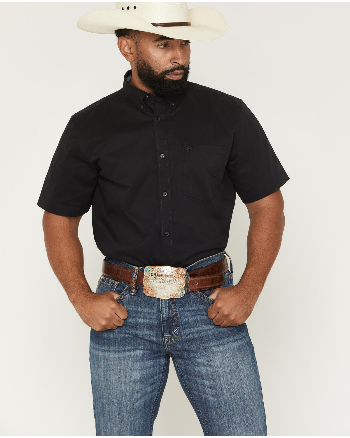 Men's Basic Solid Short Sleeve Button-Down Stretch Western Black