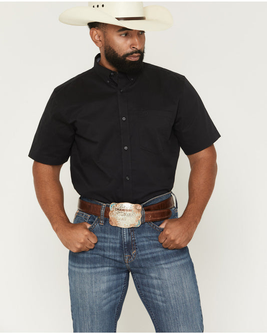 Men's Basic Solid Short Sleeve Button-Down Stretch Western Black