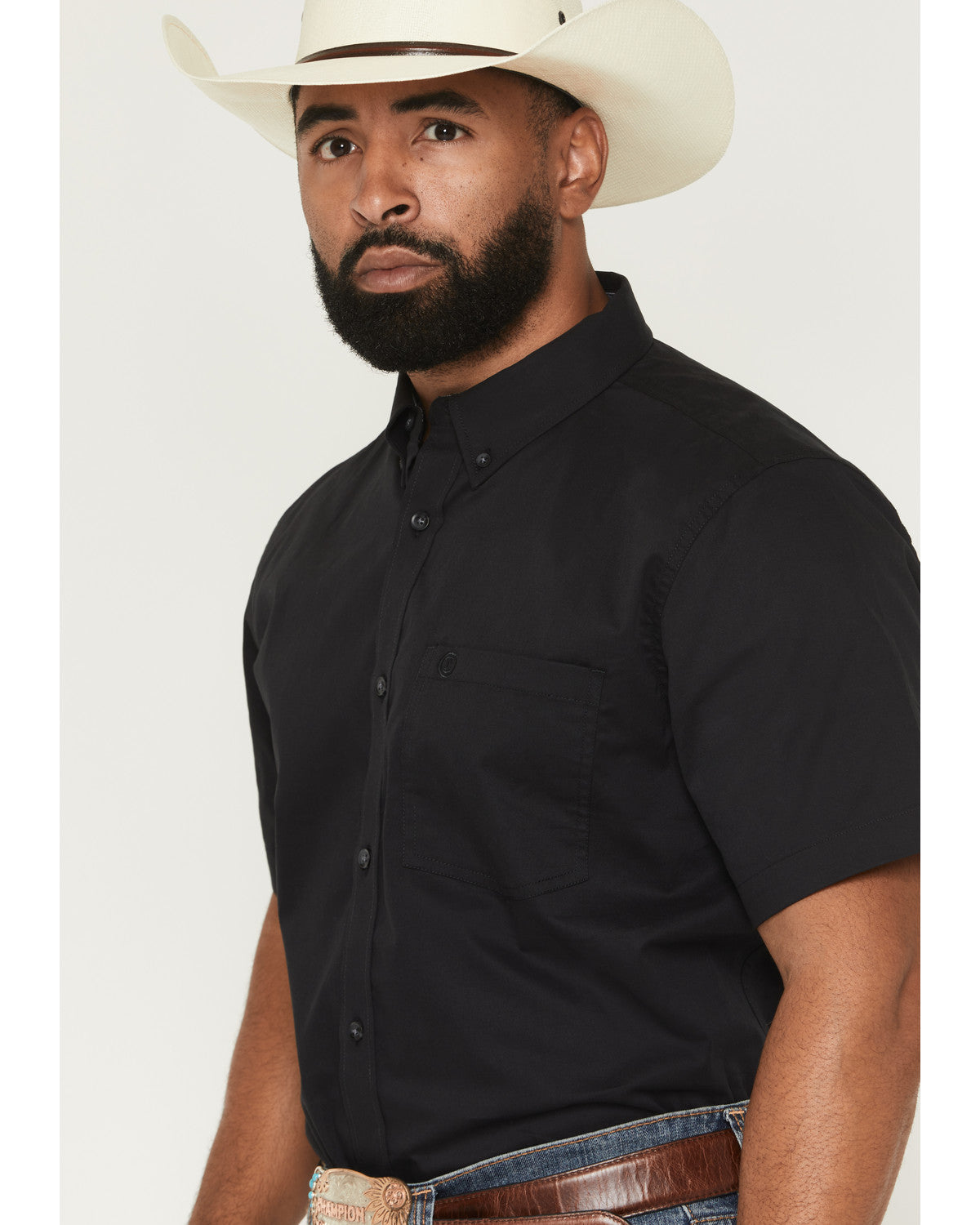 Men's Basic Solid Short Sleeve Button-Down Stretch Western Black