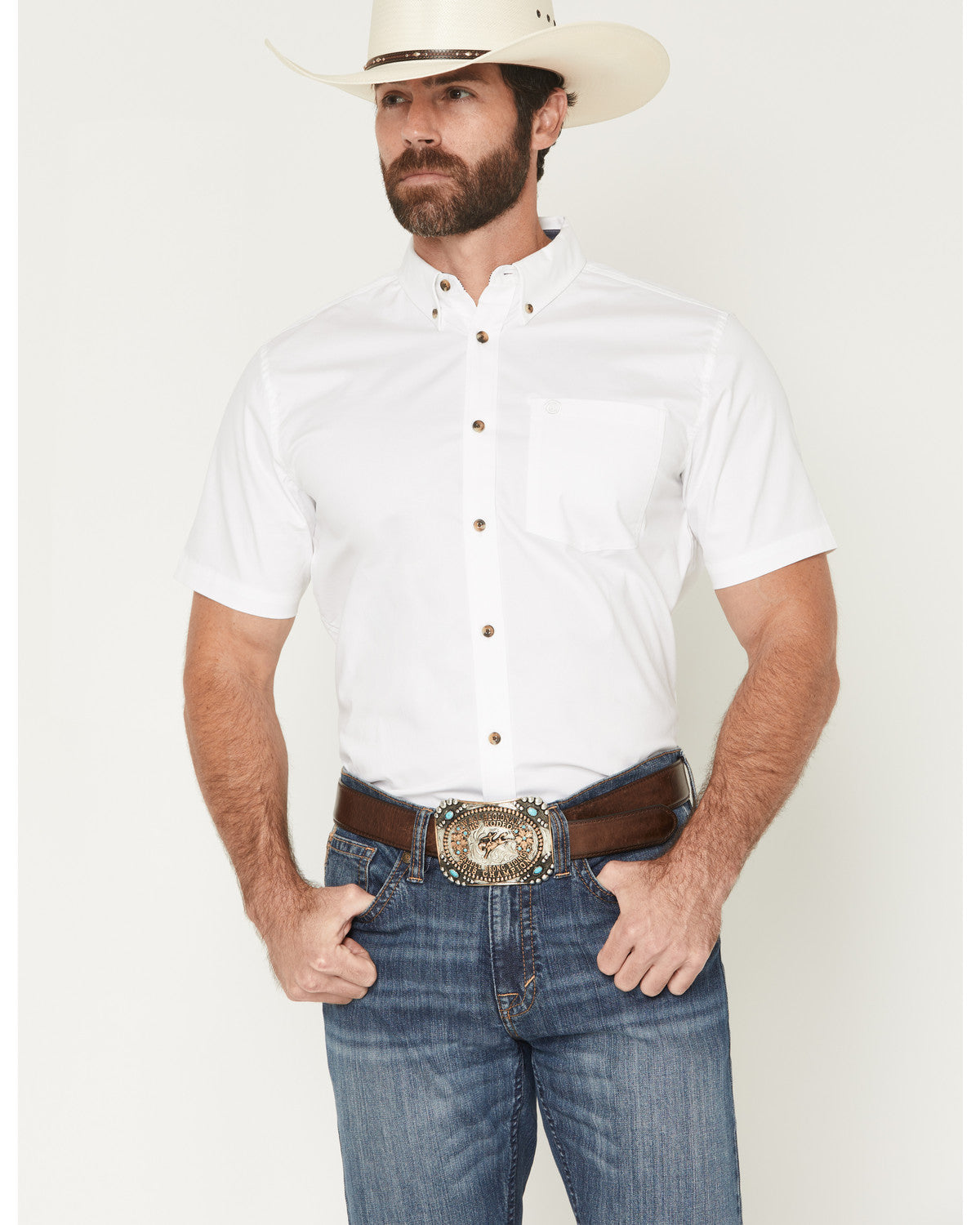 Men's Basic Solid Short Sleeve Button-Down Stretch Western White