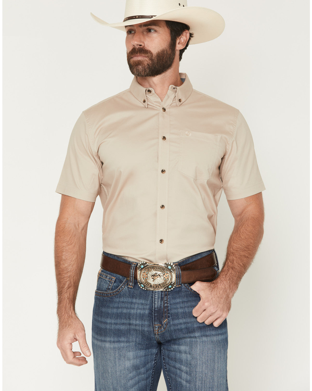 Men's Basic Solid Short Sleeve Button-Down Stretch Western Tan