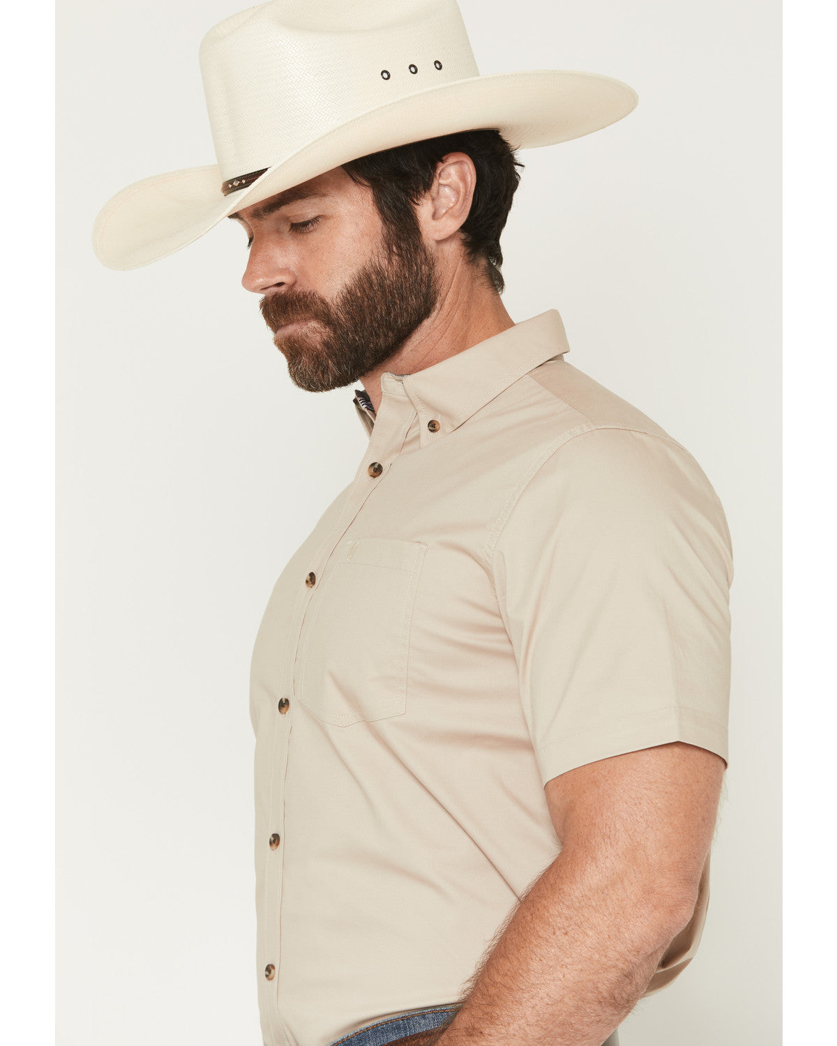 Men's Basic Solid Short Sleeve Button-Down Stretch Western Tan