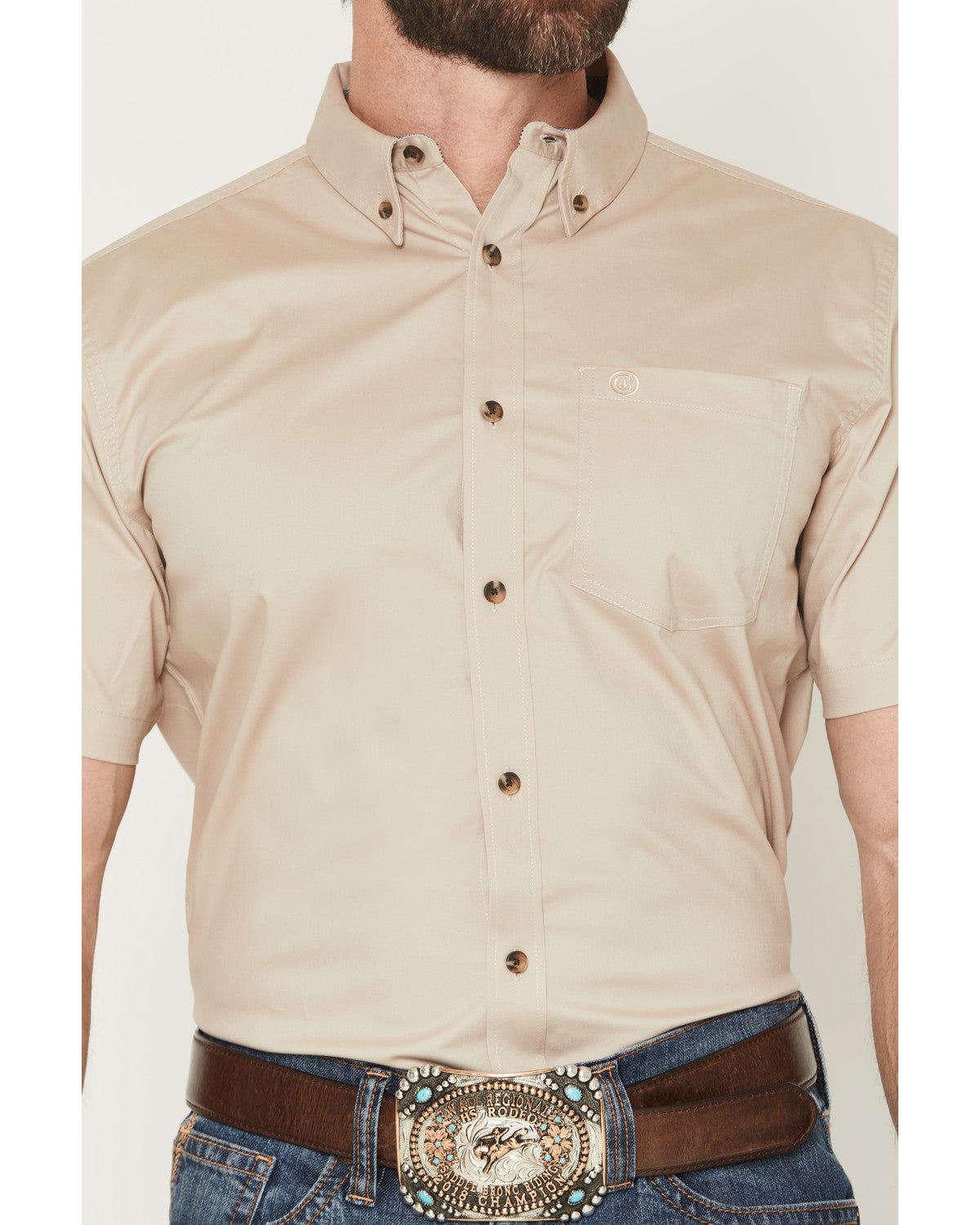 Men's Basic Solid Short Sleeve Button-Down Stretch Western Tan