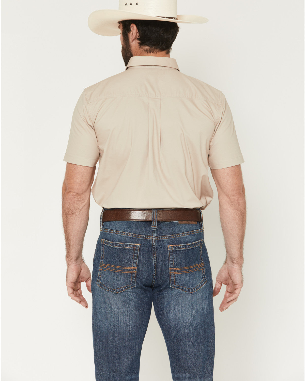 Men's Basic Solid Short Sleeve Button-Down Stretch Western Tan